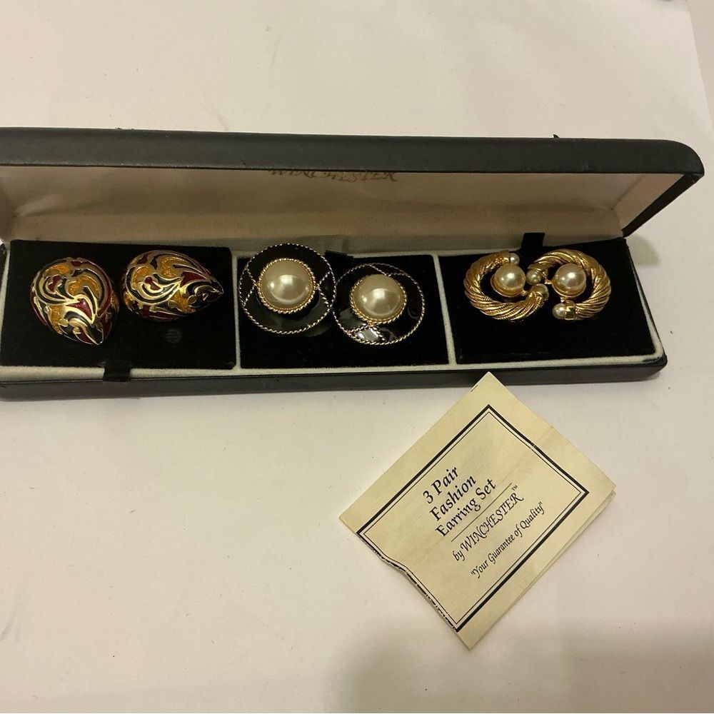 Vintage Pearl and Enamel Fashion Earring Set - Gold Tone, Multi 3 pair